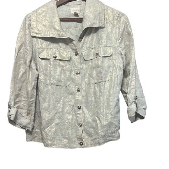 Chicos Women's Metallic Linen Blend Button Down 3/4 Sleeve Shirt Jacket - Picture 1 of 6